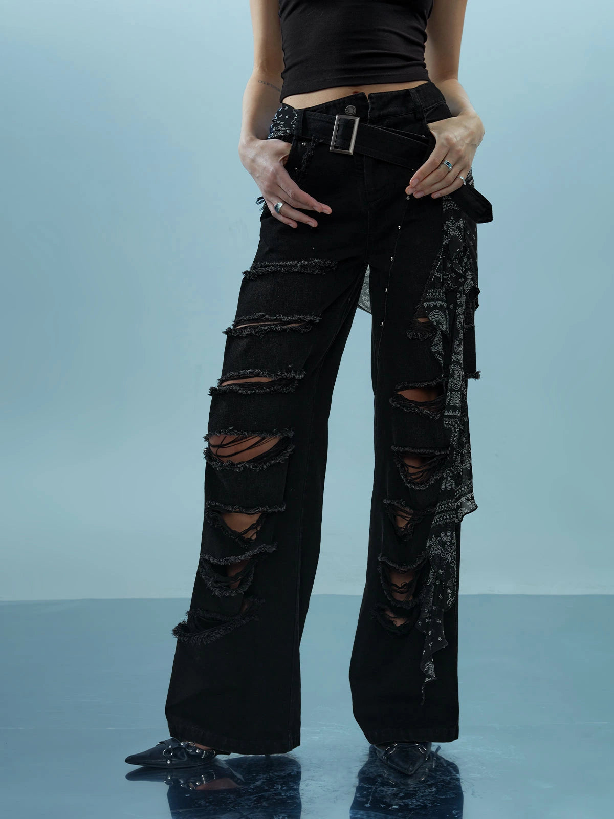 Distressed Denim With Detachable Sheer Panel