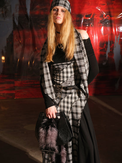 UpdateNN NORTH NODE Patchwork Plaid Off Shoulder Dress With Detachable Scarf