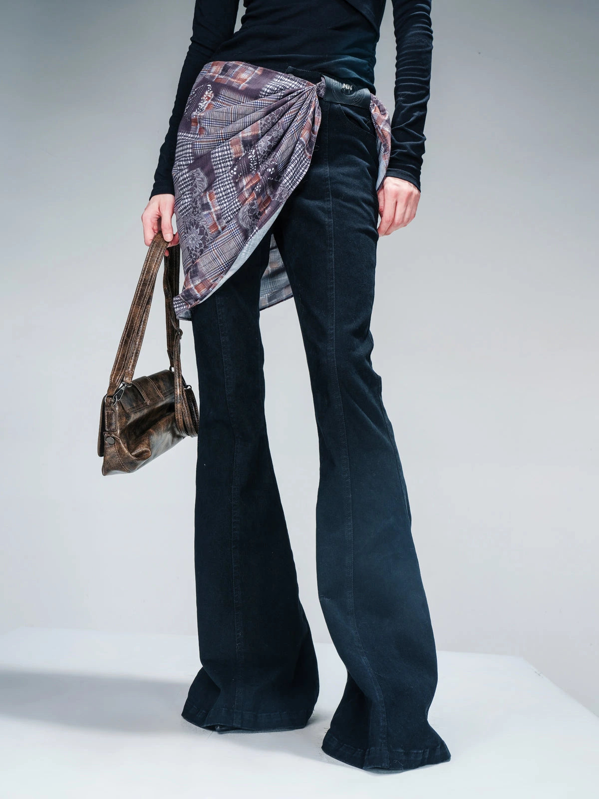 Stretch Denim Flare Pants With Detachable Printed Scarf