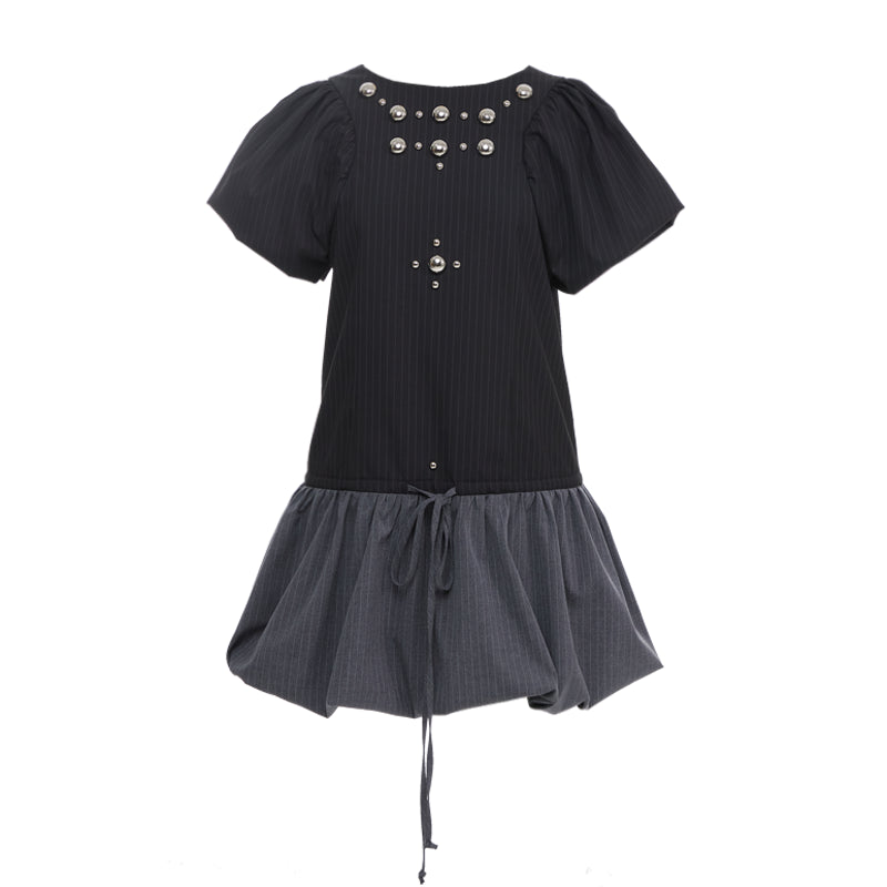 YOSHUYUKI Punk Studded Floral Mini Dress Black Gray V Neck