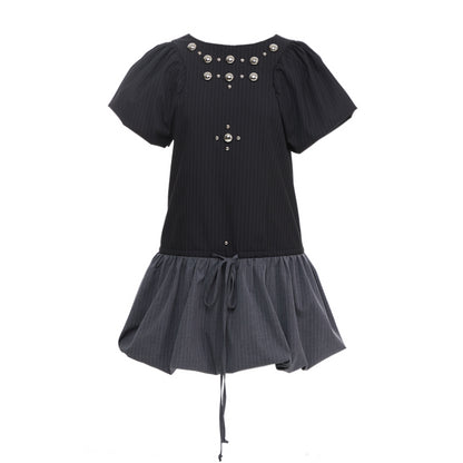 YOSHUYUKI Punk Studded Floral Mini Dress Black Gray V Neck