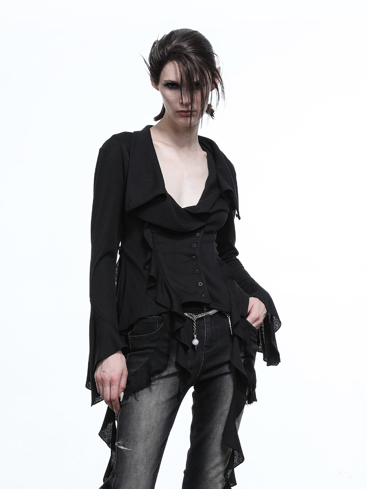 NN NORTH NODE Lycocell Asymmetrical Hem Knit Cardigan