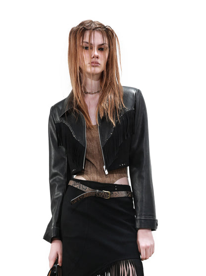UpdateNN NORTH NODE Distressed Suede Fringe Cropped Leather Jacket