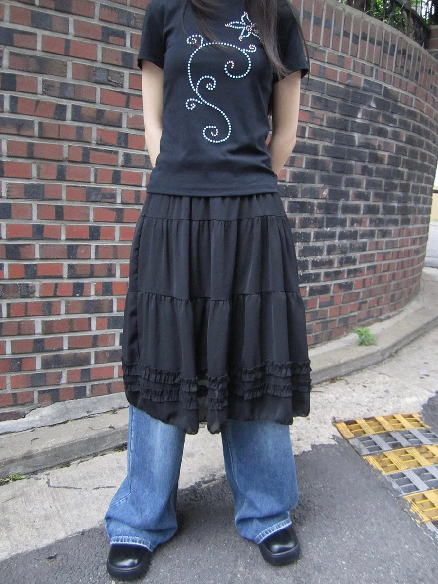 Vintage Lace Trimmed Layered Flared Mini Skirt