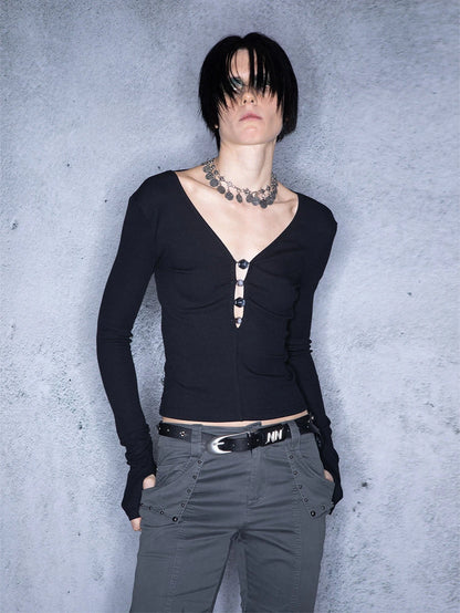 Low Back Beaded V-Neck Long Sleeve Top