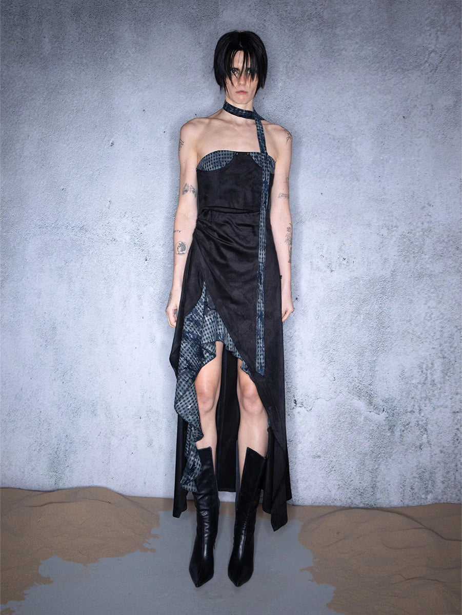 Plaid Patchwork Asymmetric Bustier Dress With Detachable Collar