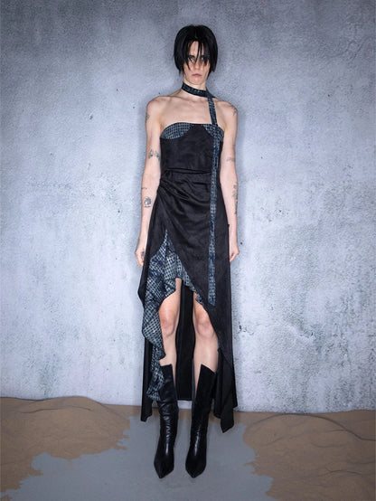 Plaid Patchwork Asymmetric Bustier Dress With Detachable Collar