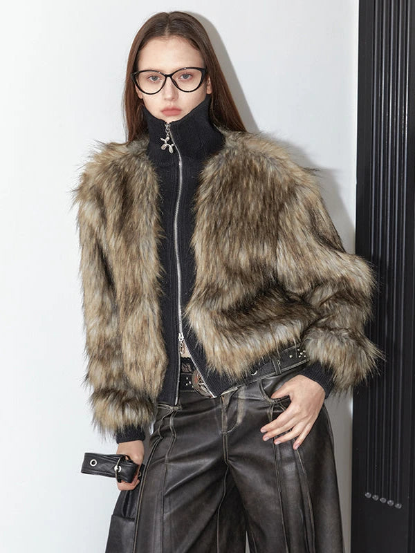 Vintage Black Faux Fur Ribbed Short Jacket