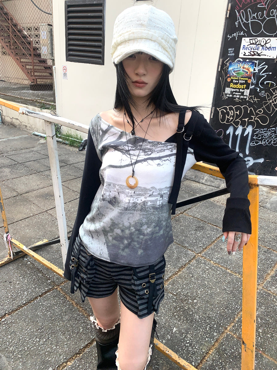 Updateang project Vintage Print Patchwork Sleeve Tee