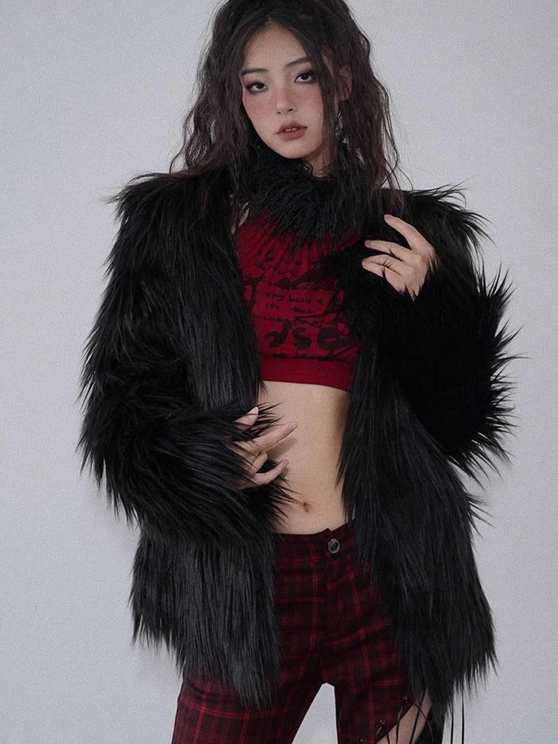 Black Aesthetic Faux Shearling Button Up Winter Coat One Size