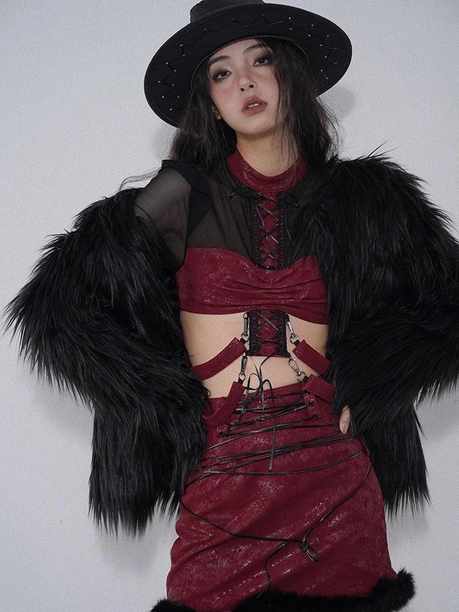 Black Aesthetic Faux Shearling Button Up Winter Coat One Size