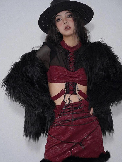 Black Aesthetic Faux Shearling Button Up Winter Coat One Size