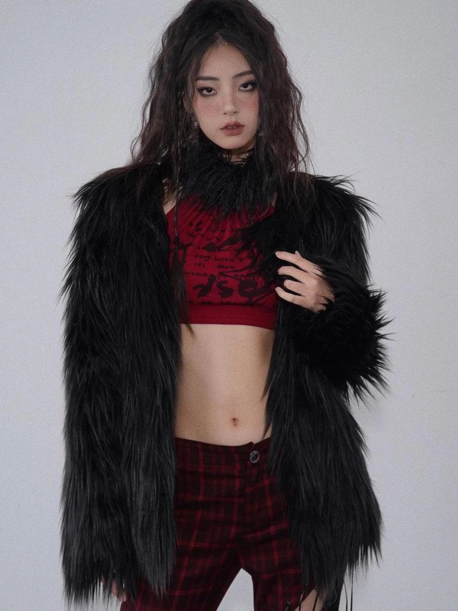 Black Aesthetic Faux Shearling Button Up Winter Coat One Size