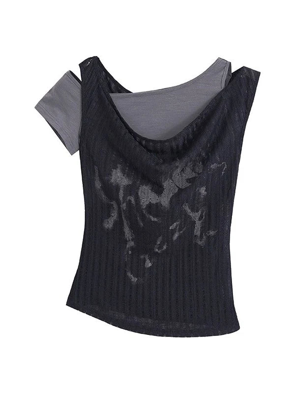 Punk Graffiti Print Tee Asymmetric Vest Layered Top