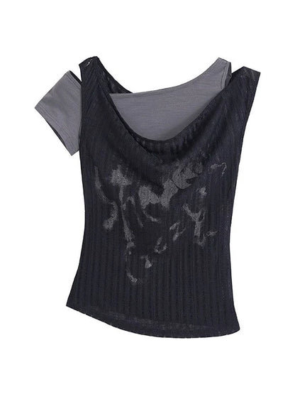 Punk Graffiti Print Tee Asymmetric Vest Layered Top