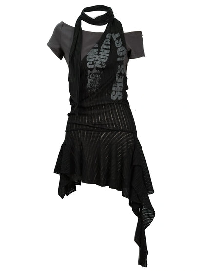 Lost Road Print Layered Dress With Scarf