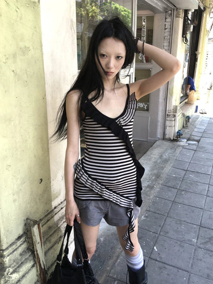 Retro Ribbon Trimmed Black And Gray Striped Knit Camisole Top
