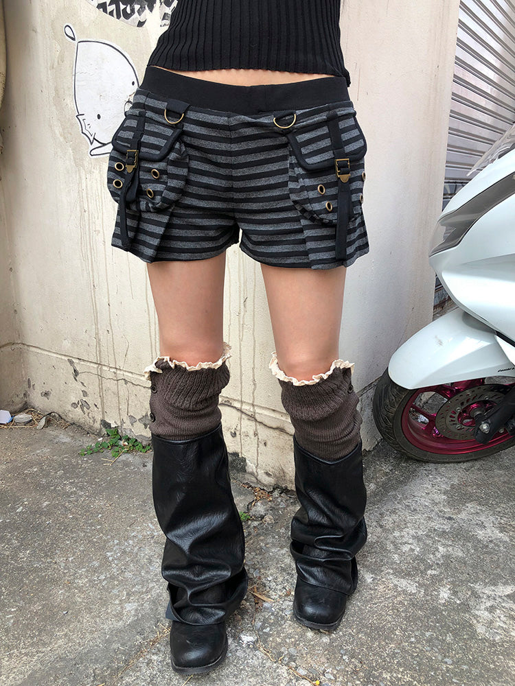 ang project Y2K Low Waist Flap Pocket Pleated Trousers In Black Gray Stripe