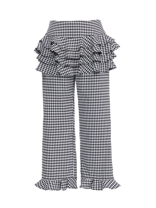 Houndstooth High Waist Lace Trim Culottes