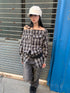 Retro Checkered Textured One Shoulder Button Up Blouse
