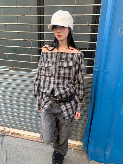 Retro Checkered Textured One Shoulder Button Up Blouse