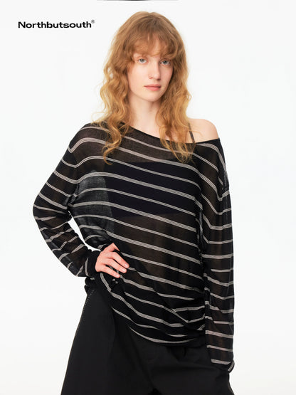 Black And White Striped Off Shoulder Knit Women&