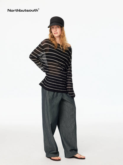 Black And White Striped Off Shoulder Knit Women&