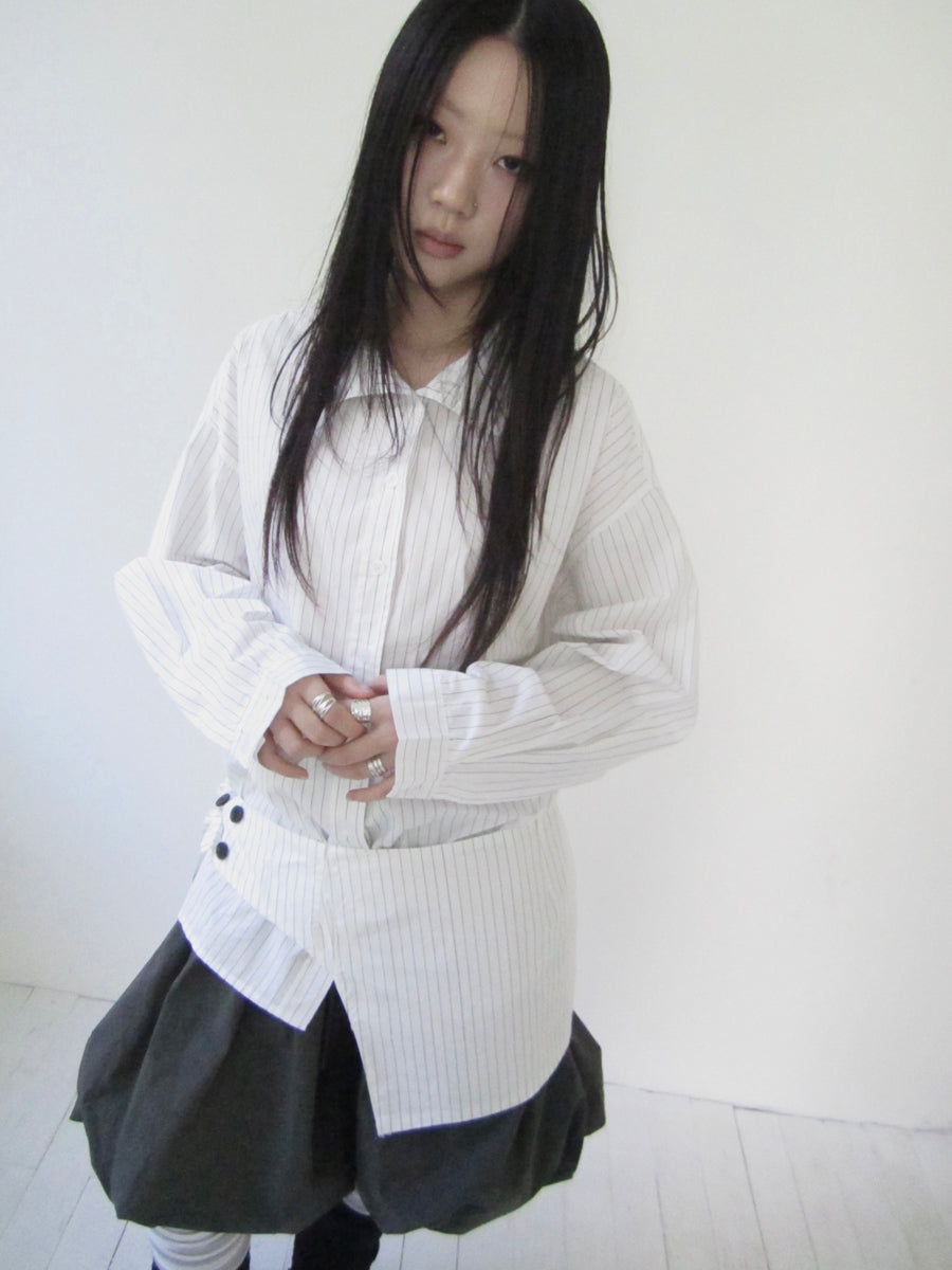 Retro Color Block Striped Shirt With Waist Cincher Two Piece Set