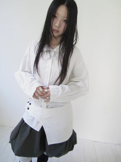 Retro Color Block Striped Shirt With Waist Cincher Two Piece Set