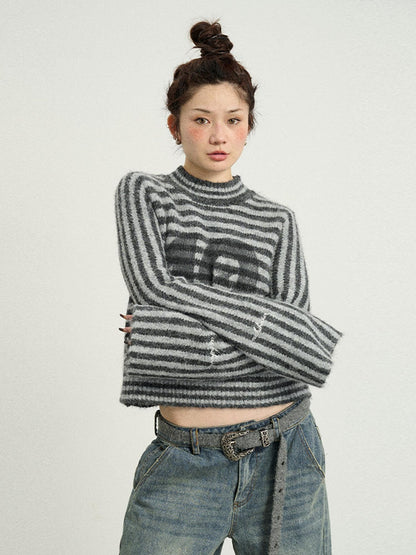 Achihara Dadaist Stripe Knit Sweater V-Neck T-Shirt Long-Sleeve