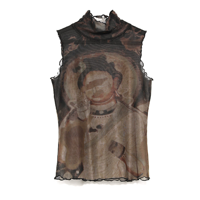 YOSHUYUKI Retro Buddha Print Mesh High Neck Sleeveless Top