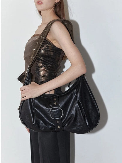 Vintage Black Metal Trimmed Tote Bag With Crossbody Strap