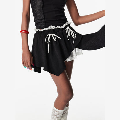 2th Desire Ballet Floral Lace Ruffle Asymmetrical Drawstring Mini Skirt