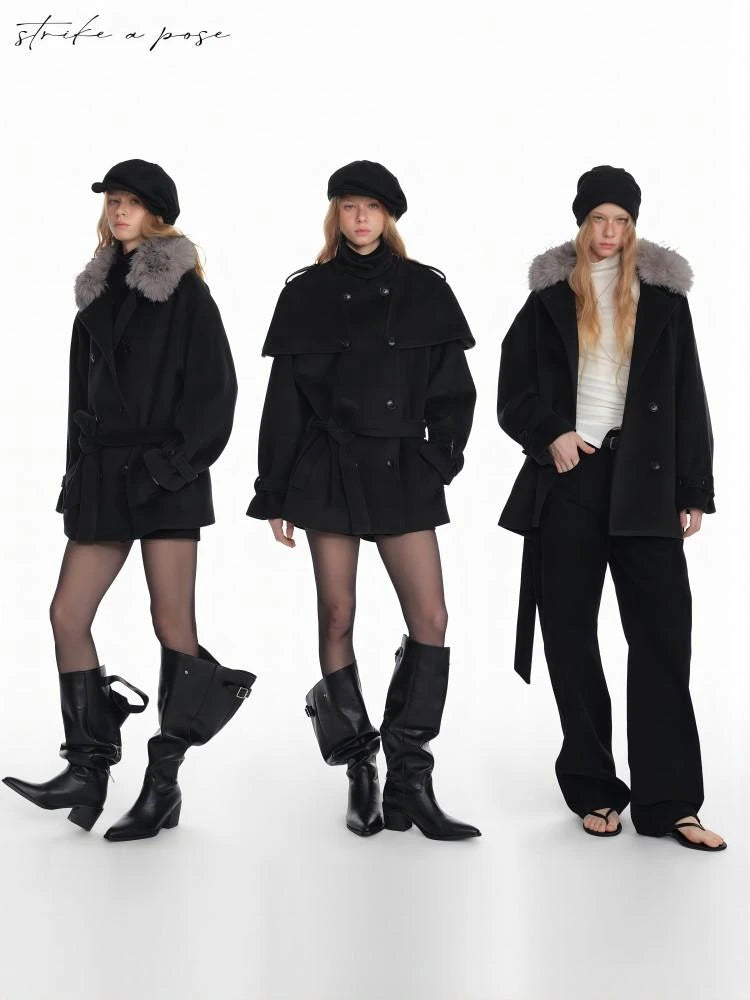 Black Detachable Faux Fur Cape Shoulder Coat Jacket
