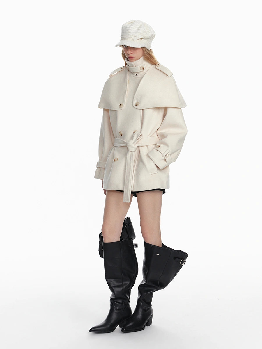 Black Detachable Faux Fur Cape Shoulder Coat Jacket