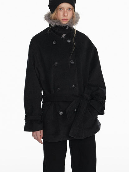 Black Detachable Faux Fur Cape Shoulder Coat Jacket