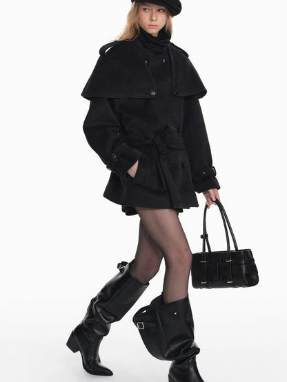 Black Detachable Faux Fur Cape Shoulder Coat Jacket