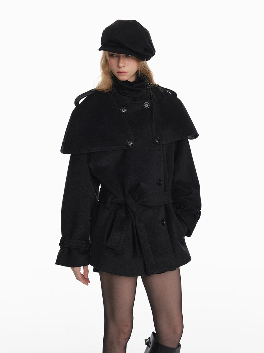 Black Detachable Faux Fur Cape Shoulder Coat Jacket