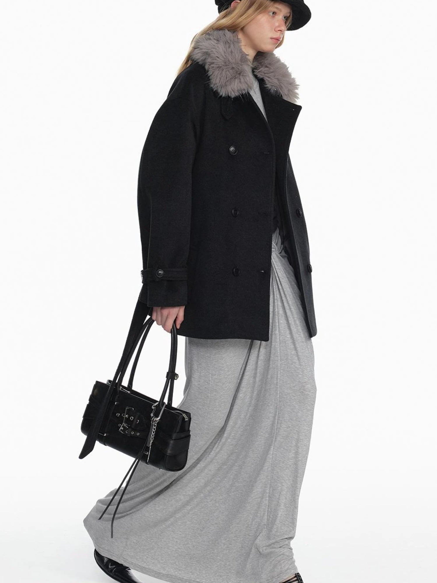 Black Detachable Faux Fur Cape Shoulder Coat Jacket