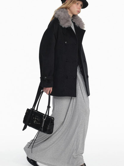 Black Detachable Faux Fur Cape Shoulder Coat Jacket