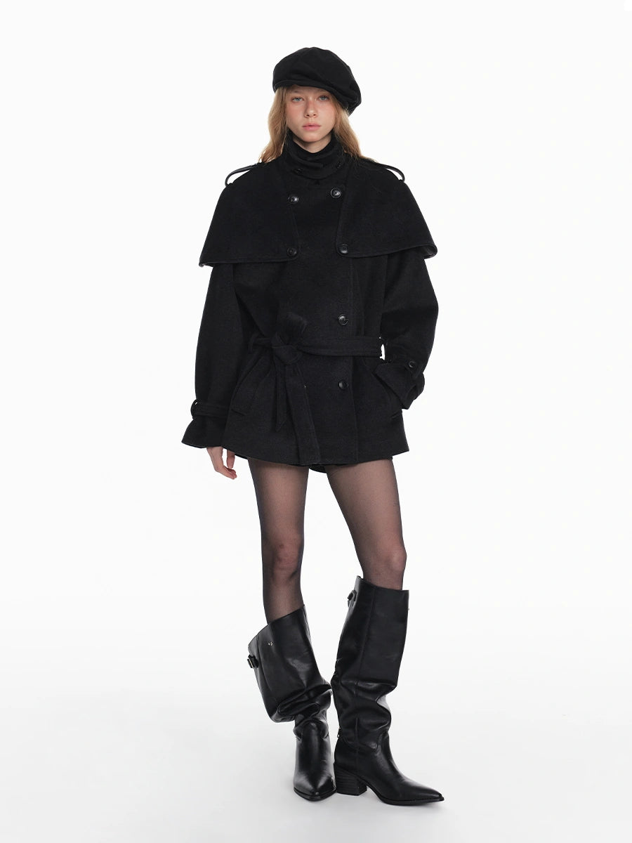 Black Detachable Faux Fur Cape Shoulder Coat Jacket