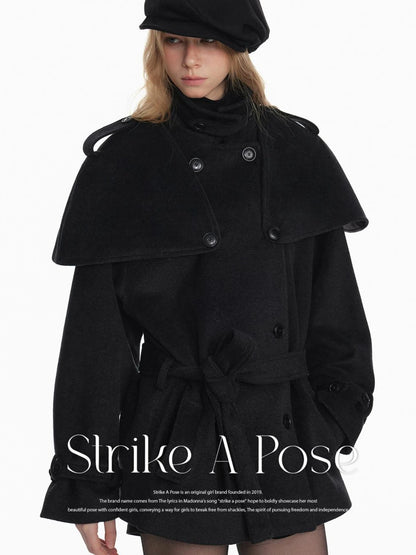 Black Detachable Faux Fur Cape Shoulder Coat Jacket