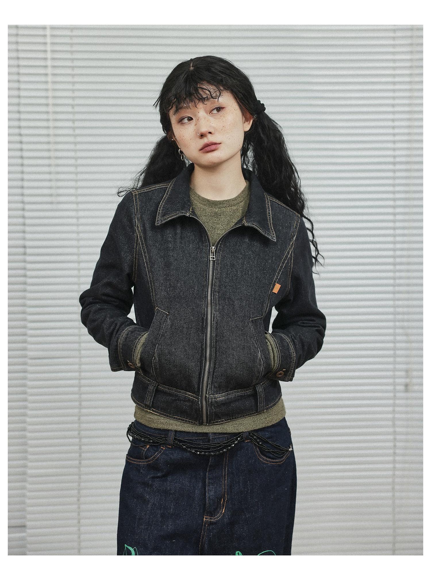 Achihara Black Denim Cropped Jacket With Soft Fleece Lining