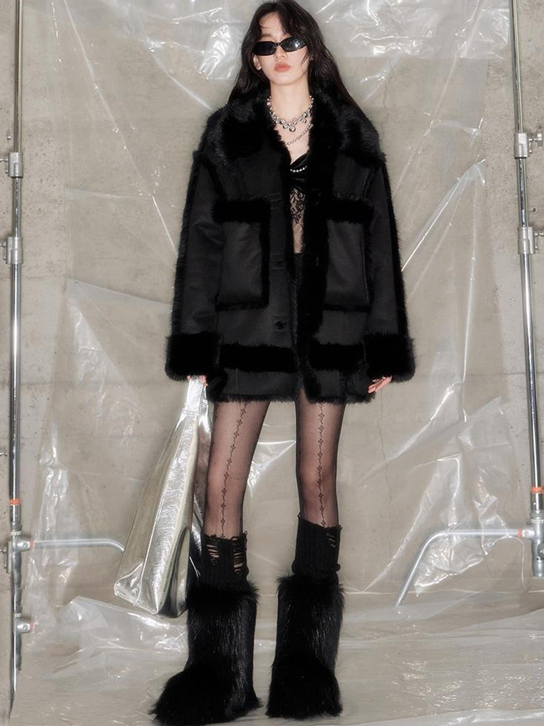 DIDDI MODA Black Faux Fox Fur Eco Coat Winter Warm Oversized Design