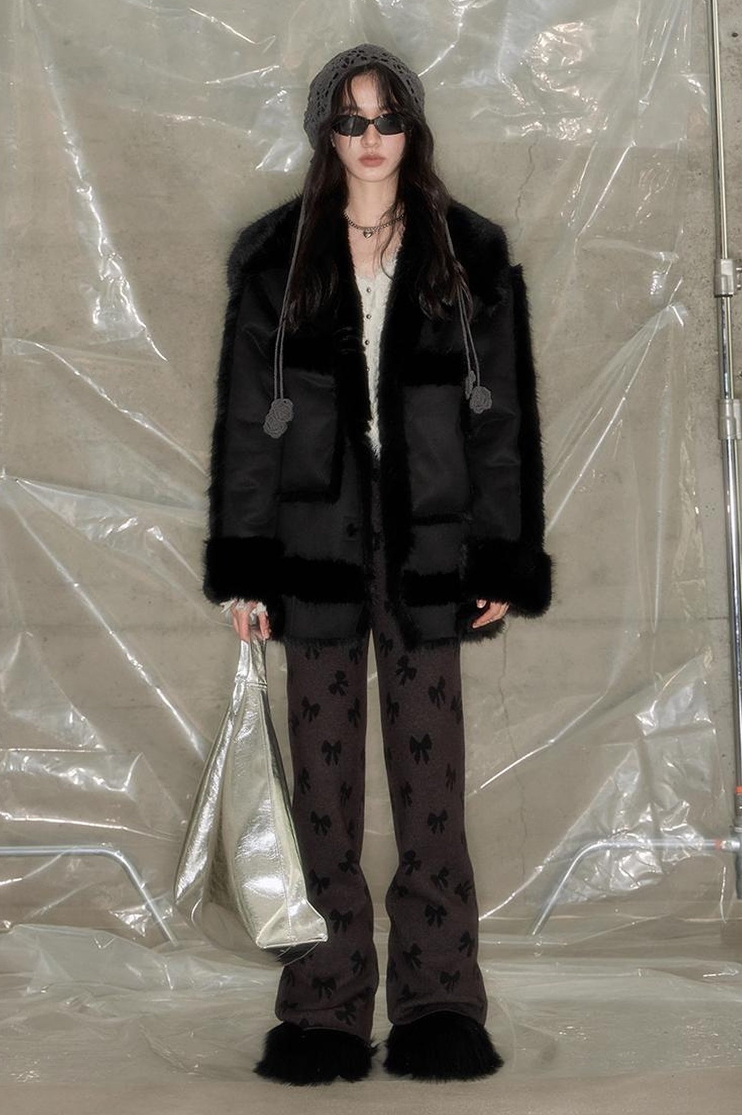 DIDDI MODA Black Faux Fox Fur Eco Coat Winter Warm Oversized Design