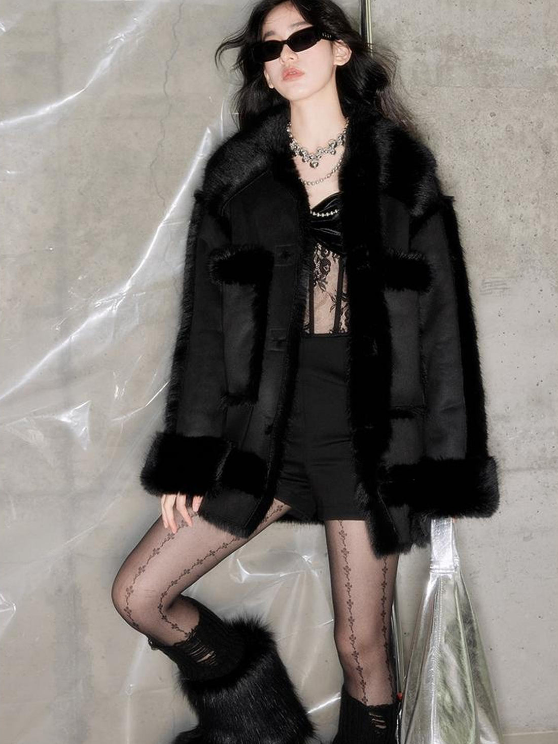 DIDDI MODA Black Faux Fox Fur Eco Coat Winter Warm Oversized Design