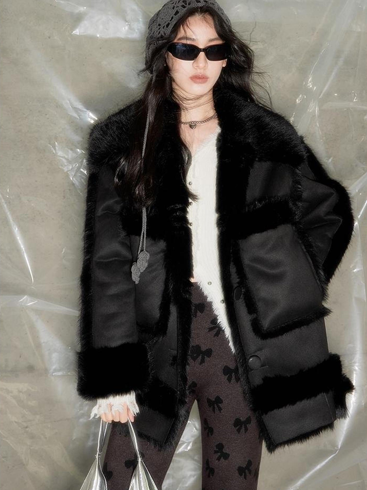 DIDDI MODA Black Faux Fox Fur Eco Coat Winter Warm Oversized Design