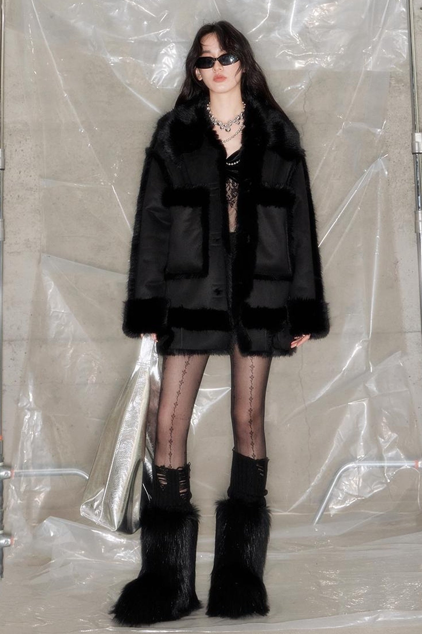DIDDI MODA Black Faux Fox Fur Eco Coat Winter Warm Oversized Design