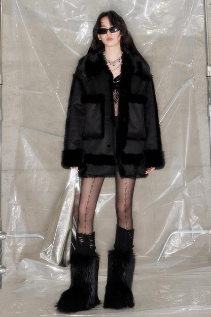 DIDDI MODA Black Faux Fox Fur Eco Coat Winter Warm Oversized Design