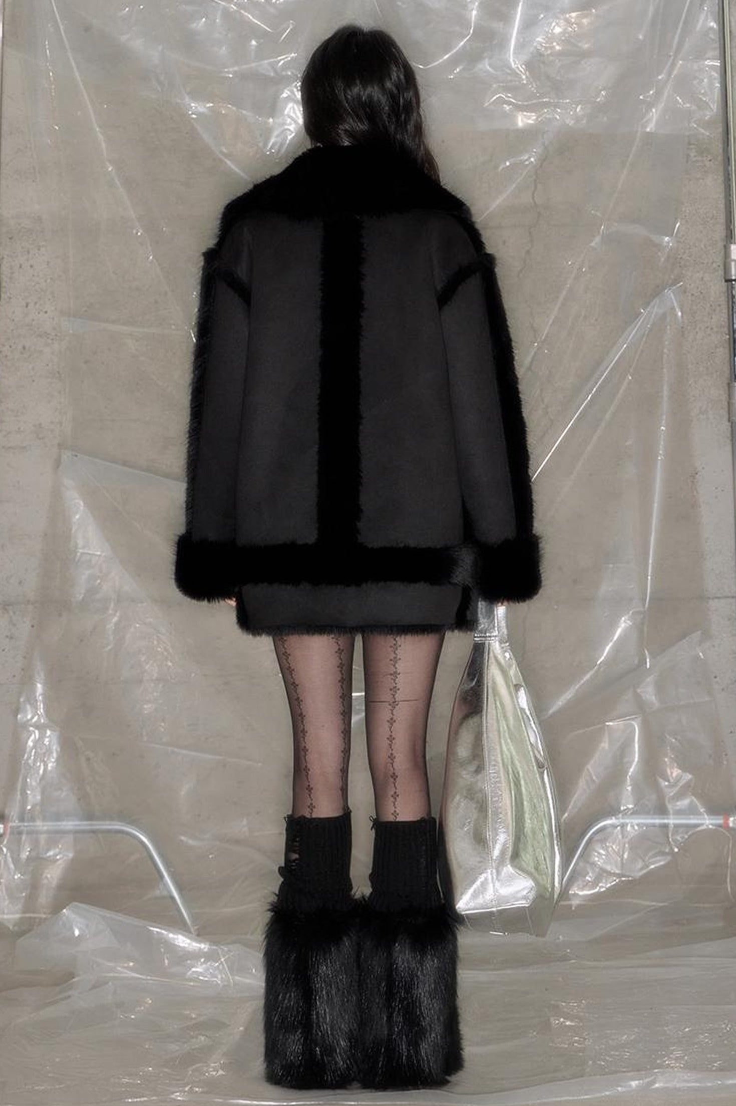 DIDDI MODA Black Faux Fox Fur Eco Coat Winter Warm Oversized Design